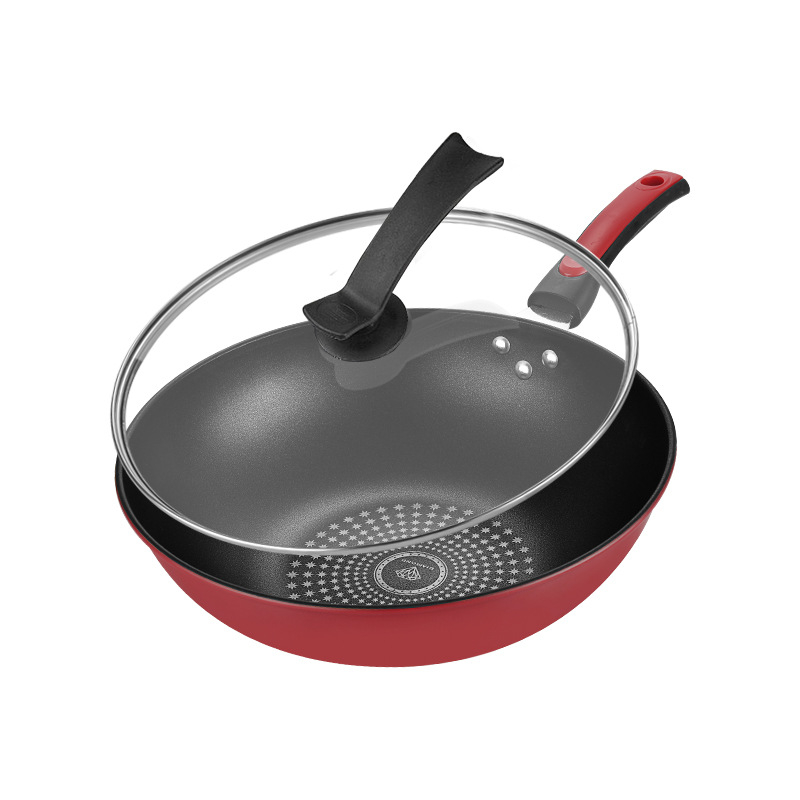 Xilaixiang Wok din fier fin, antiaderent, cu bază adânncă, capac din sticlă, cutie cadou, compatibil cu aragaz pe gaz