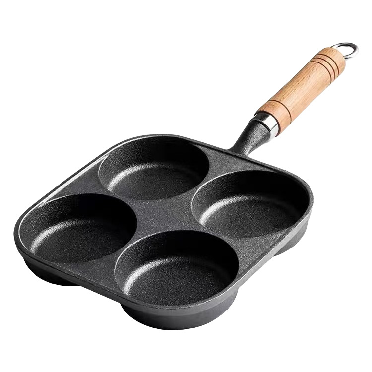 Tigaie pentru ouă cu patru găuri – fontă, antiaderent, compatibil gaz și inducție, pentru ouă dumplings și mini clătite