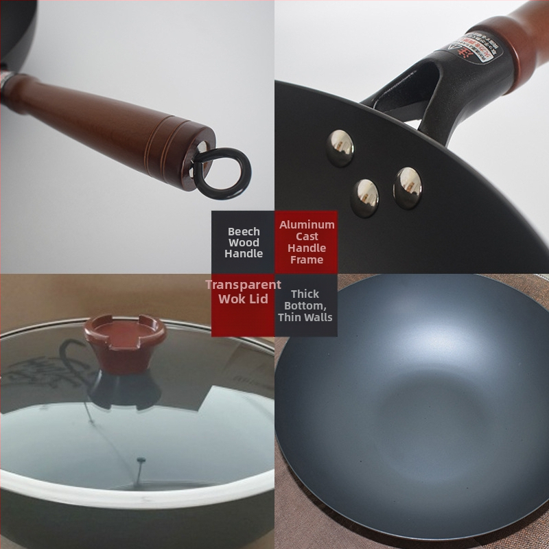 Wok od pročišćenog željeza bez premaza, s jednim dnom, dubina 9,5 cm, težina 1,45 kg, staklena poklopac, za opće kuhanje
