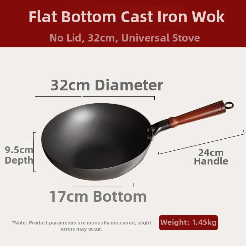 Wok od pročišćenog željeza bez premaza, s jednim dnom, dubina 9,5 cm, težina 1,45 kg, staklena poklopac, za opće kuhanje