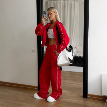 Ženski dvodijelni kostim: kardigan na zip i hlače, street hipster stil, dizajn collage/splicing, poliester 95%+, dugi rukavi, jesensko 2025 izdanje