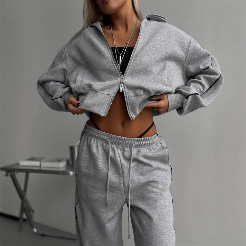 Ženski dvodijelni kostim: kardigan na zip i hlače, street hipster stil, dizajn collage/splicing, poliester 95%+, dugi rukavi, jesensko 2025 izdanje