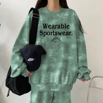 Ženski dvodijelni sportski set u korejskom stilu, fleece unutrašnjost za jesen-zimu, ležeran kroj, dugi rukavi i hlače, poliester 90–95%
