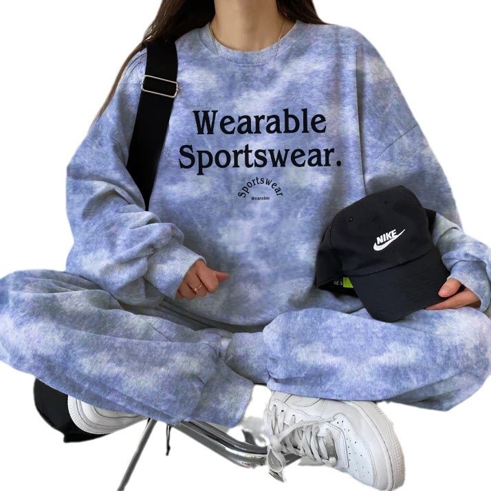 Ženski dvodijelni sportski set u korejskom stilu, fleece unutrašnjost za jesen-zimu, ležeran kroj, dugi rukavi i hlače, poliester 90–95%