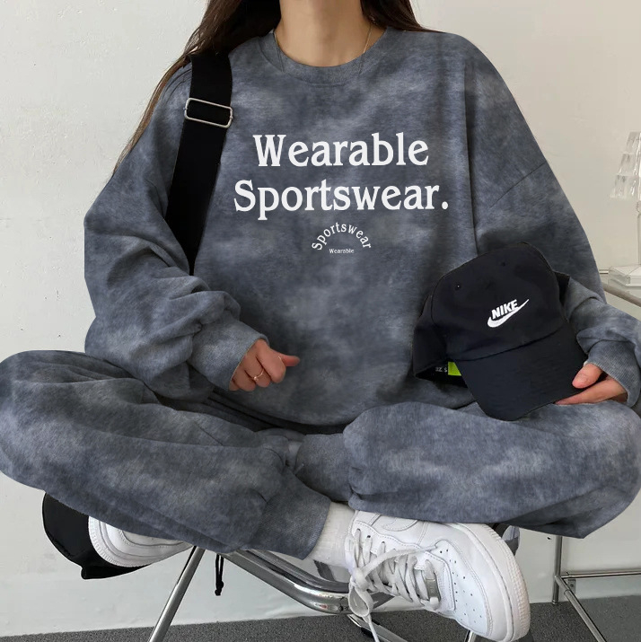 Ženski dvodijelni sportski set u korejskom stilu, fleece unutrašnjost za jesen-zimu, ležeran kroj, dugi rukavi i hlače, poliester 90–95%