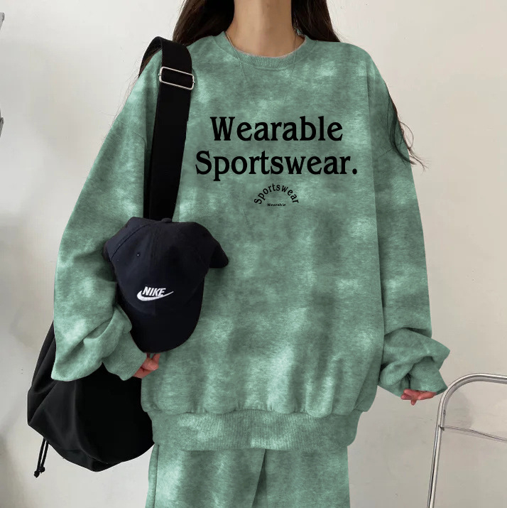 Ženski dvodijelni sportski set u korejskom stilu, fleece unutrašnjost za jesen-zimu, ležeran kroj, dugi rukavi i hlače, poliester 90–95%