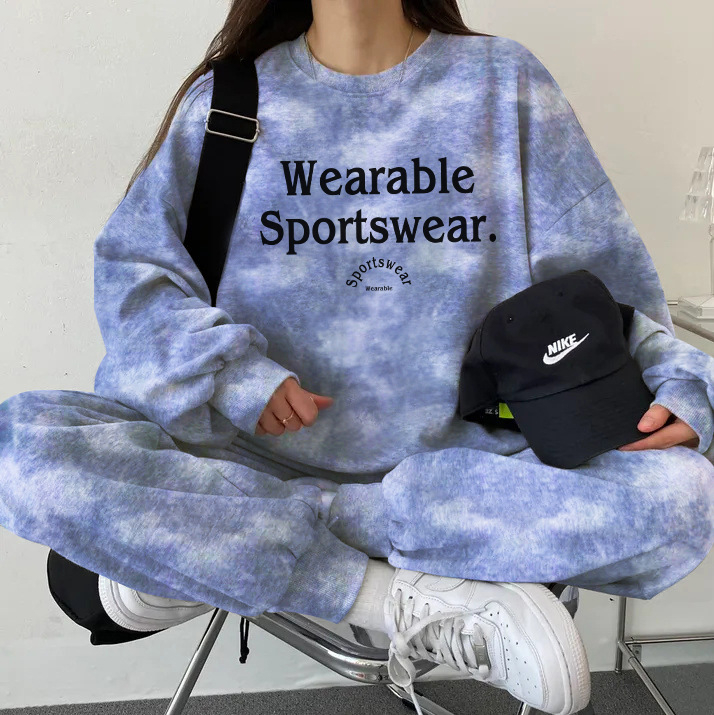 Ženski dvodijelni sportski set u korejskom stilu, fleece unutrašnjost za jesen-zimu, ležeran kroj, dugi rukavi i hlače, poliester 90–95%