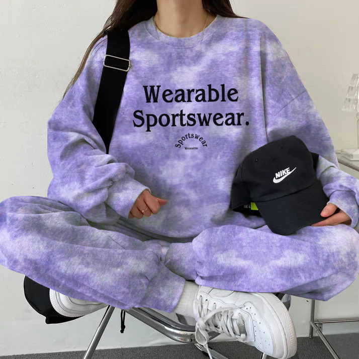 Ženski dvodijelni sportski set u korejskom stilu, fleece unutrašnjost za jesen-zimu, ležeran kroj, dugi rukavi i hlače, poliester 90–95%