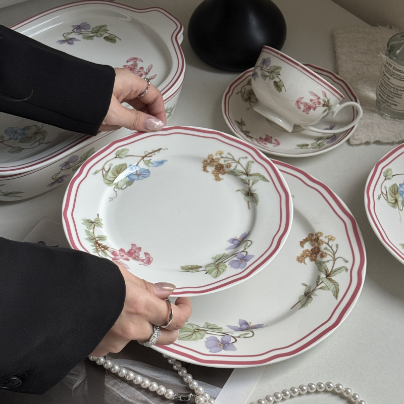 Keramički set posuđa s floralnim uzorkom – okrugli, pogodna za mikrovalnu, mogućnost ispisa logotipa i prilagođavanja