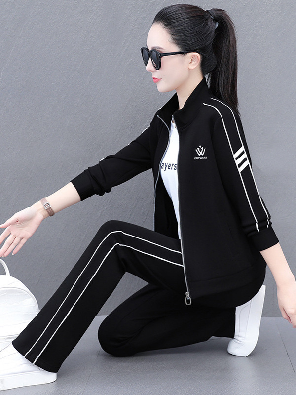 Ženski jesenski casual trodijelni kostim (hoodie + jakna + hlače), pamuk 50–70%, uzorak s riječima/brojevima/tekstom, japansko-korejski ležerni stil, hlače kostim