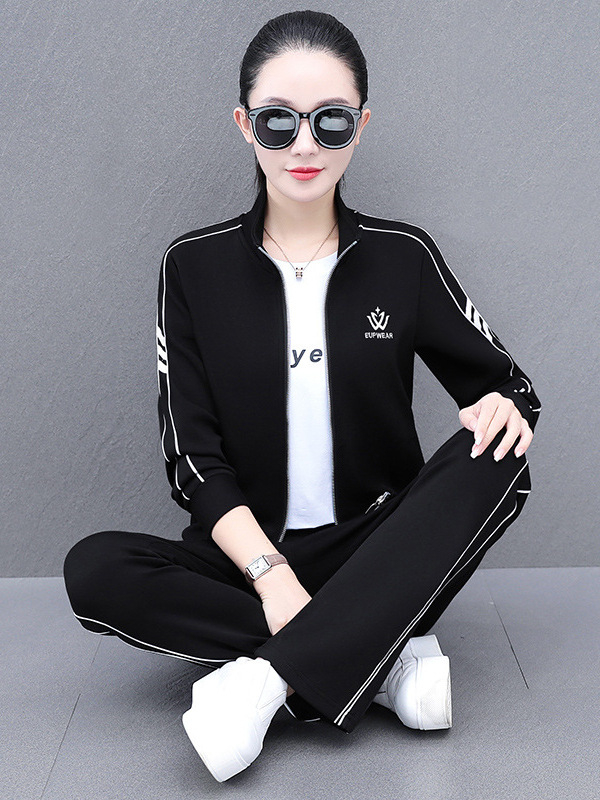 Ženski jesenski casual trodijelni kostim (hoodie + jakna + hlače), pamuk 50–70%, uzorak s riječima/brojevima/tekstom, japansko-korejski ležerni stil, hlače kostim