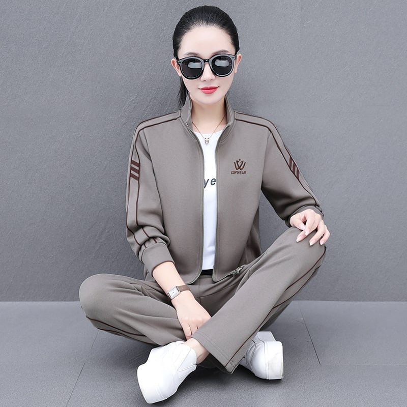 Ženski jesenski casual trodijelni kostim (hoodie + jakna + hlače), pamuk 50–70%, uzorak s riječima/brojevima/tekstom, japansko-korejski ležerni stil, hlače kostim