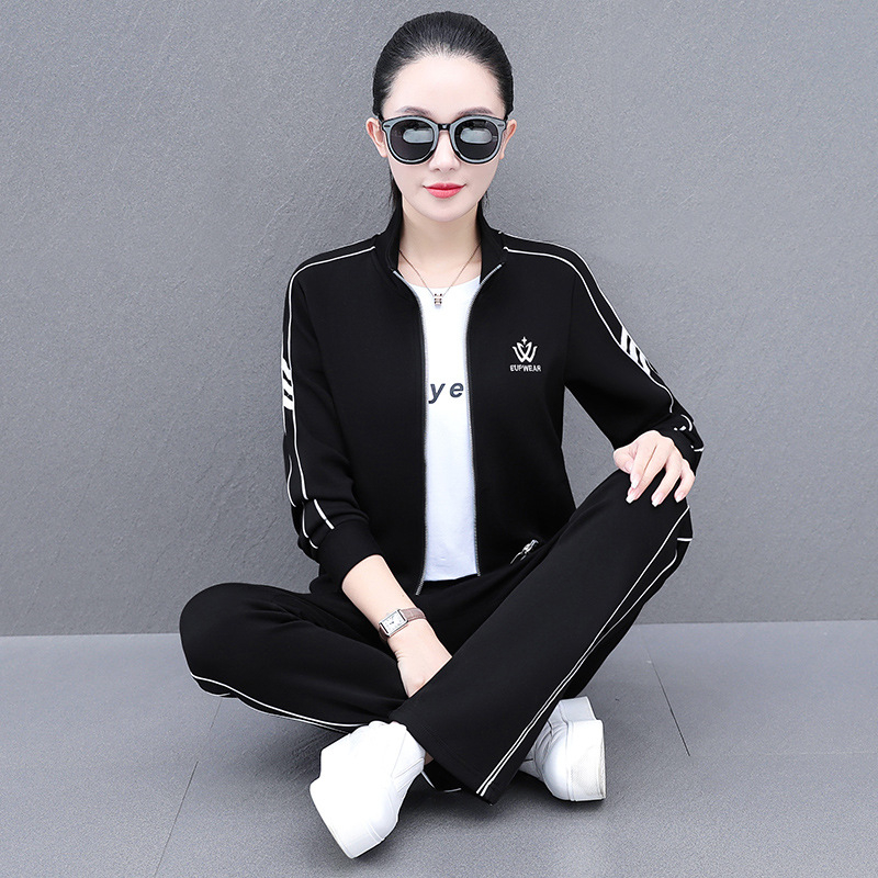 Ženski jesenski casual trodijelni kostim (hoodie + jakna + hlače), pamuk 50–70%, uzorak s riječima/brojevima/tekstom, japansko-korejski ležerni stil, hlače kostim