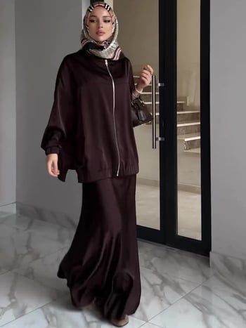 Ženski satenski komplet: haljina s dugim rukavima i suknja, jednobojna, duga suknja, poliester 80-90%, ljeto 2025