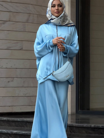 Ženski satenski komplet: haljina s dugim rukavima i suknja, jednobojna, duga suknja, poliester 80-90%, ljeto 2025