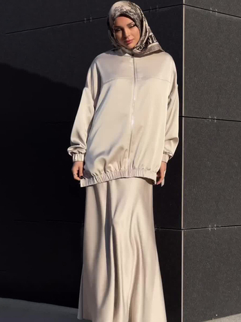 Ženski satenski komplet: haljina s dugim rukavima i suknja, jednobojna, duga suknja, poliester 80-90%, ljeto 2025