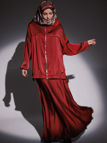 Ženski satenski komplet: haljina s dugim rukavima i suknja, jednobojna, duga suknja, poliester 80-90%, ljeto 2025