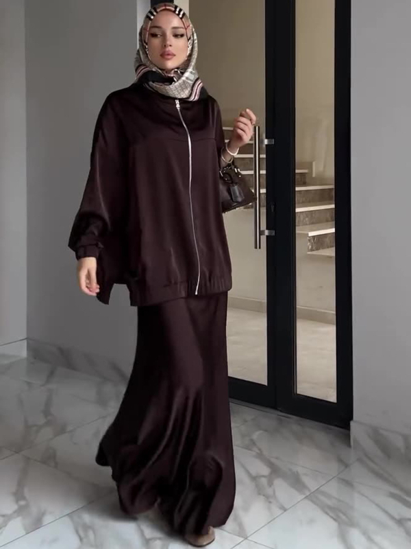 Ženski satenski komplet: haljina s dugim rukavima i suknja, jednobojna, duga suknja, poliester 80-90%, ljeto 2025