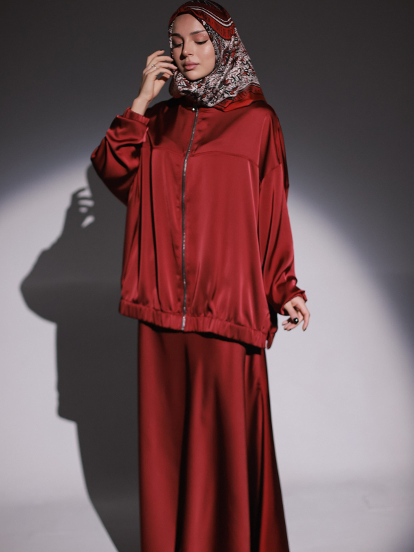 Ženski satenski komplet: haljina s dugim rukavima i suknja, jednobojna, duga suknja, poliester 80-90%, ljeto 2025