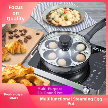 Nehrđajući čelični tiganj s dvostrukim parnim dnom, četiri rupe za jaja, staklena poklopac, složeno dno; pogodan za indukcijsku i plinsku kuhalu