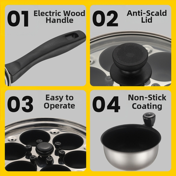 Nehrđajući čelični tiganj s dvostrukim parnim dnom, četiri rupe za jaja, staklena poklopac, složeno dno; pogodan za indukcijsku i plinsku kuhalu