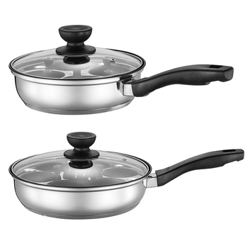 Nehrđajući čelični tiganj s dvostrukim parnim dnom, četiri rupe za jaja, staklena poklopac, složeno dno; pogodan za indukcijsku i plinsku kuhalu