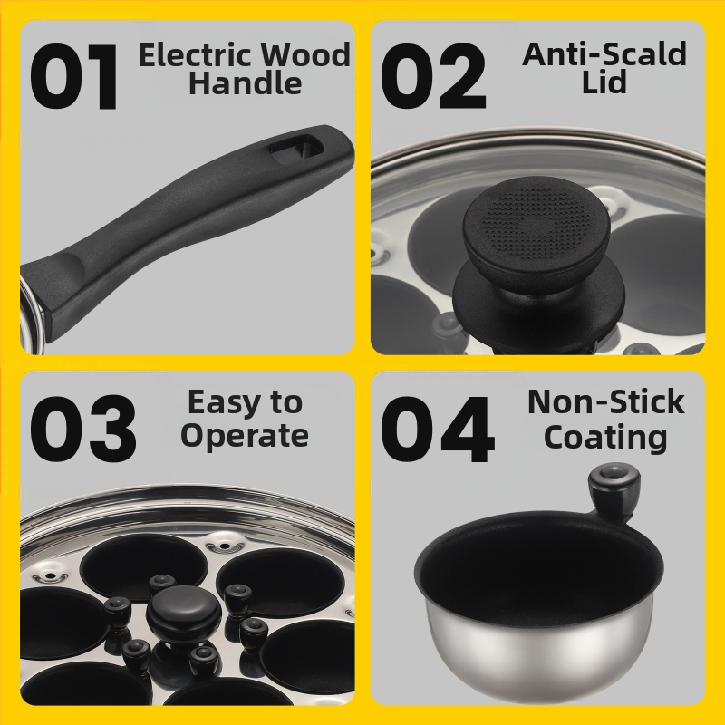 Nehrđajući čelični tiganj s dvostrukim parnim dnom, četiri rupe za jaja, staklena poklopac, složeno dno; pogodan za indukcijsku i plinsku kuhalu