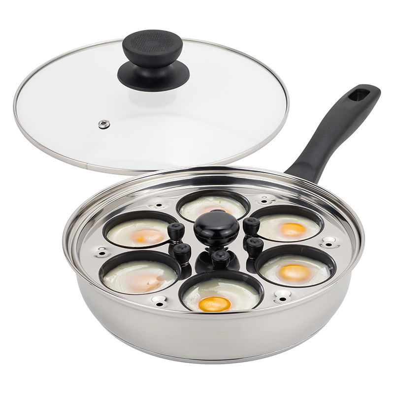 Nehrđajući čelični tiganj s dvostrukim parnim dnom, četiri rupe za jaja, staklena poklopac, složeno dno; pogodan za indukcijsku i plinsku kuhalu