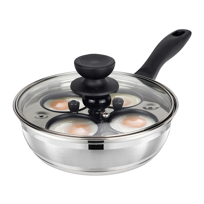 Nehrđajući čelični tiganj s dvostrukim parnim dnom, četiri rupe za jaja, staklena poklopac, složeno dno; pogodan za indukcijsku i plinsku kuhalu