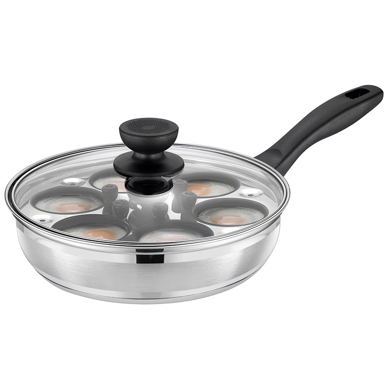 Nehrđajući čelični tiganj s dvostrukim parnim dnom, četiri rupe za jaja, staklena poklopac, složeno dno; pogodan za indukcijsku i plinsku kuhalu