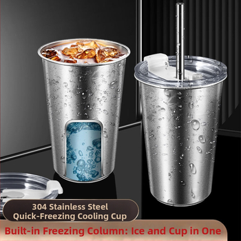 Pohár z 304 nerezovej ocele s kovovou slamkou, viečkom z PP + silikónu, skladovacia krabička PP – prenosný pohár na rýchle zmrazenie nápojov