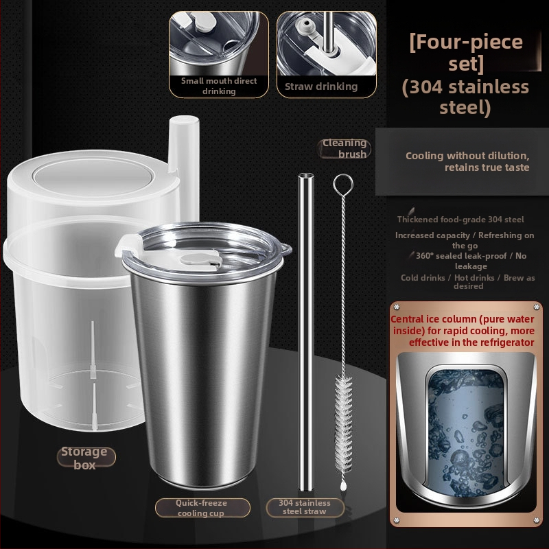 Pohár z 304 nerezovej ocele s kovovou slamkou, viečkom z PP + silikónu, skladovacia krabička PP – prenosný pohár na rýchle zmrazenie nápojov