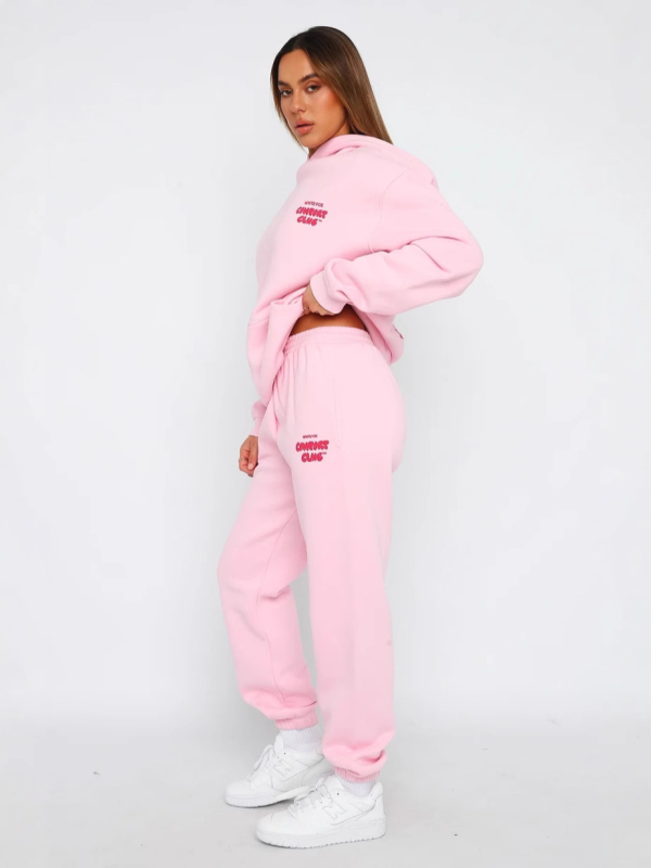 Ženski dvodijelni set s kapuljačom i hlačama, logotip, dugi rukavi, casual stil, poliester 90–95%, proljeće 2025