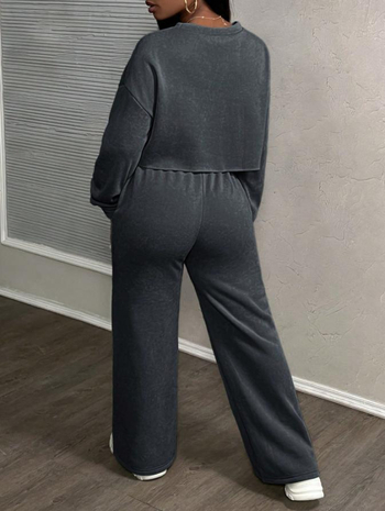 Ženski dvodijelni casual set s opuštenim krojem, visokim strukom, dugim rukavima i hlače, 3D efekt materijala, mješavina pamuka i poliestera, jesen 2025