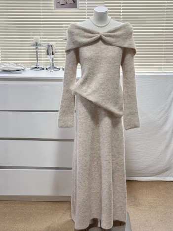 Dvodjelni pleteni set: pulover i midi suknja, elegantan uredski stil, poliester 50–70%, Zima 2025