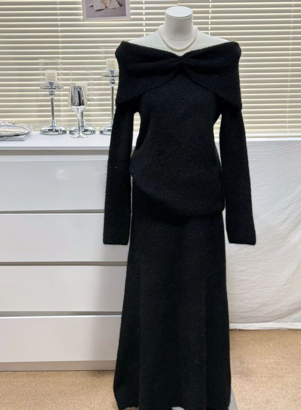 Dvodjelni pleteni set: pulover i midi suknja, elegantan uredski stil, poliester 50–70%, Zima 2025