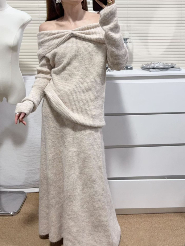 Dvodjelni pleteni set: pulover i midi suknja, elegantan uredski stil, poliester 50–70%, Zima 2025