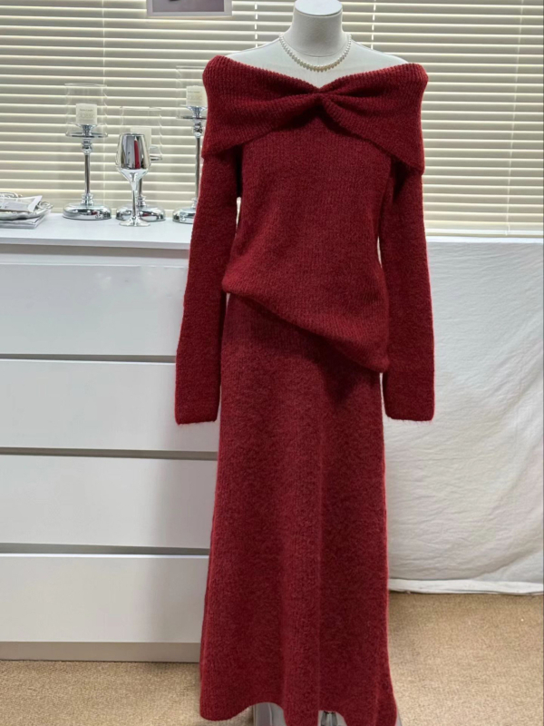 Dvodjelni pleteni set: pulover i midi suknja, elegantan uredski stil, poliester 50–70%, Zima 2025