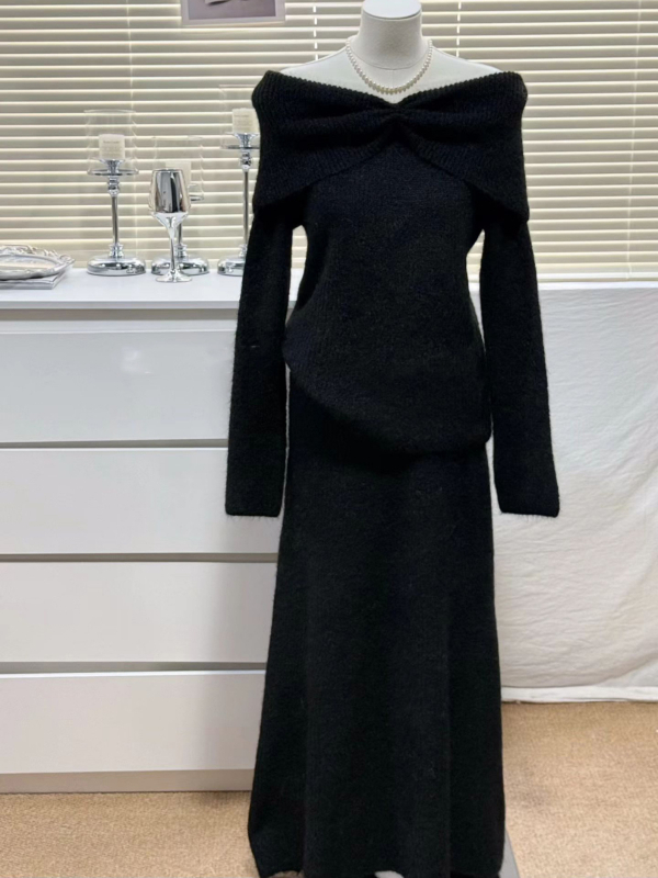 Dvodjelni pleteni set: pulover i midi suknja, elegantan uredski stil, poliester 50–70%, Zima 2025