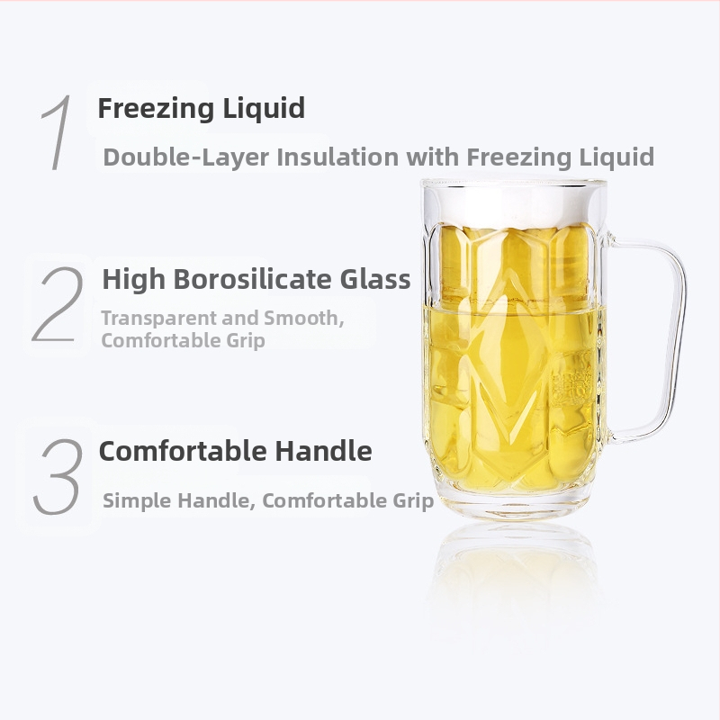 Pivný pohár s dvojitou stenou a držadlom, tepelná odolnosť, udržiava studené, prispôsobiteľný