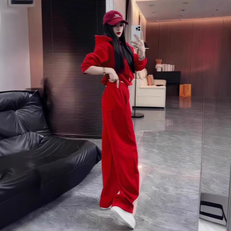 Ženski sportski set s hoodie od chenillea i spandexa, široke hlače, zima 2024
