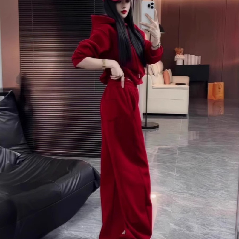 Ženski sportski set s hoodie od chenillea i spandexa, široke hlače, zima 2024