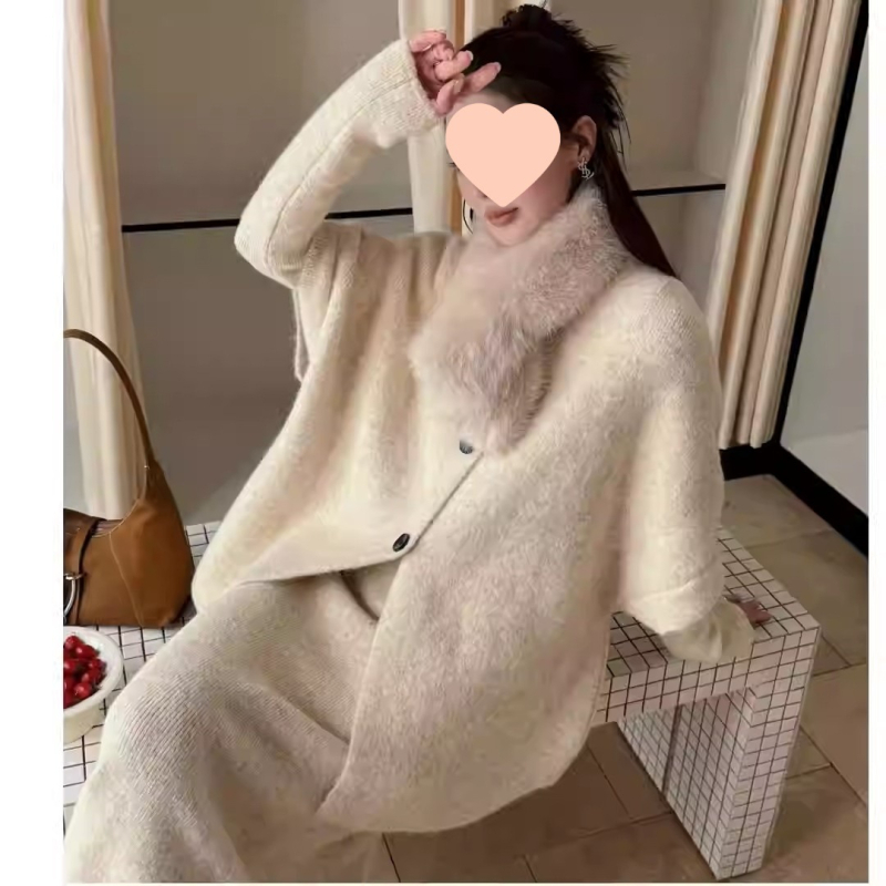 Haljina-kardigan Batwing s kragnom od krzna, trodjelni set, pletena ovčja vuna, poliester-elastan, dugi rukavi