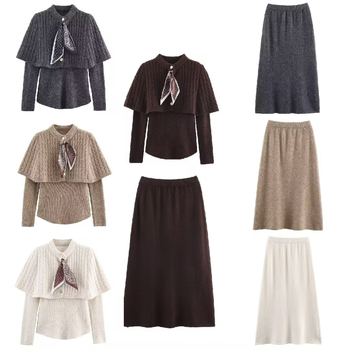 Pleteni set suknje, midi suknja i top s dugim rukavima, poliester, euro-američki street stil