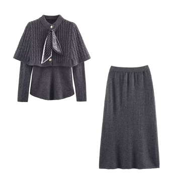 Pleteni set suknje, midi suknja i top s dugim rukavima, poliester, euro-američki street stil