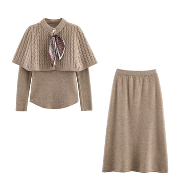 Pleteni set suknje, midi suknja i top s dugim rukavima, poliester, euro-američki street stil
