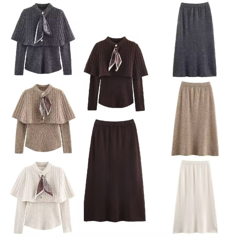 Pleteni set suknje, midi suknja i top s dugim rukavima, poliester, euro-američki street stil