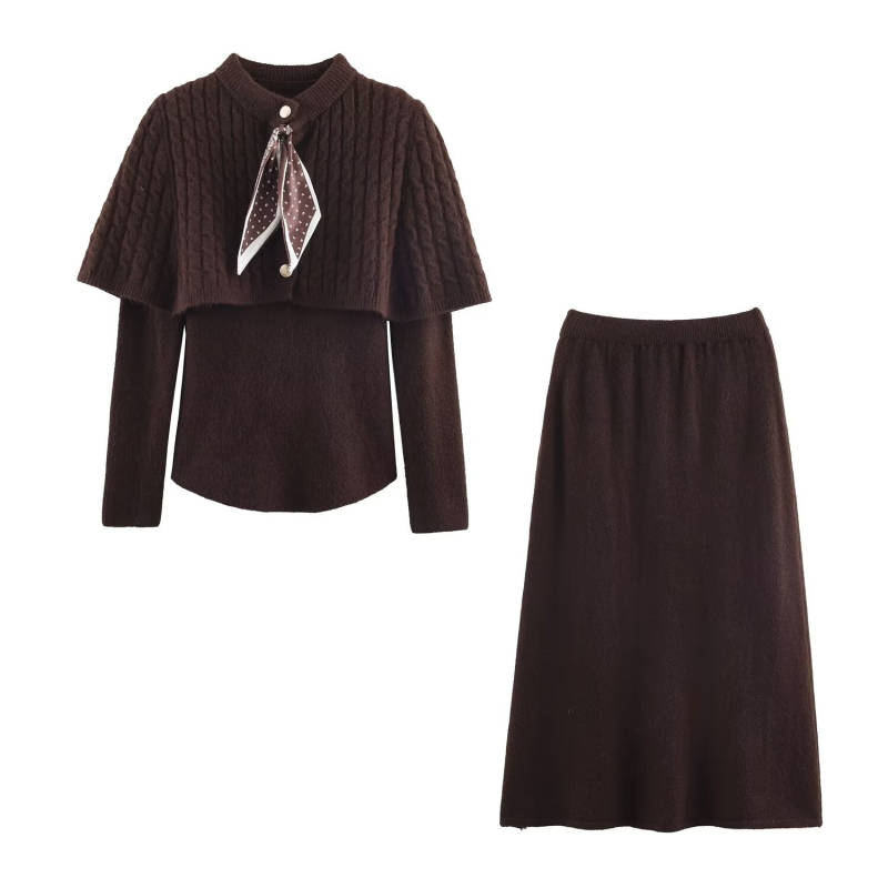 Pleteni set suknje, midi suknja i top s dugim rukavima, poliester, euro-američki street stil