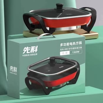 Oala electrică pentru uz casnic, pătrat, capacitate 3–4 L, putere 1200–1500 W, gătire multifuncțională: abur, prăjit, fiert, shabu-shabu și grătar