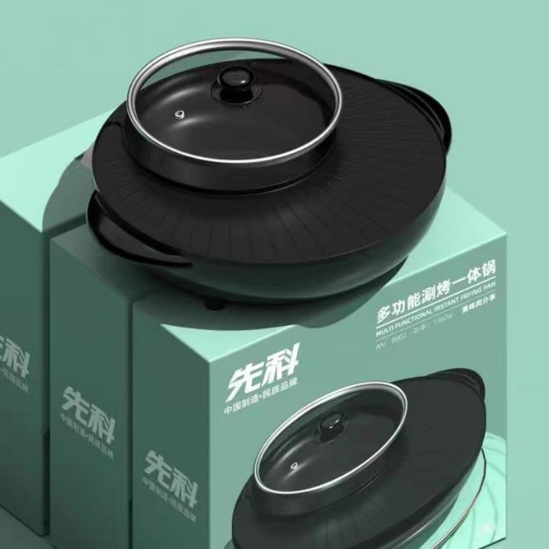 Oala electrică pentru uz casnic, pătrat, capacitate 3–4 L, putere 1200–1500 W, gătire multifuncțională: abur, prăjit, fiert, shabu-shabu și grătar